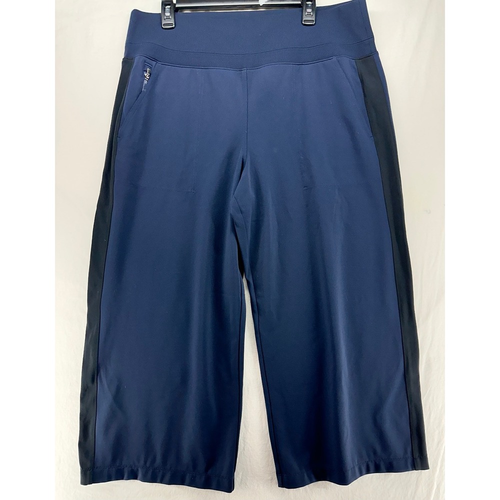 Athleta Gramercy XL Navy Blue Black Stripe Wide Leg Crop Pants Zipper Pockets